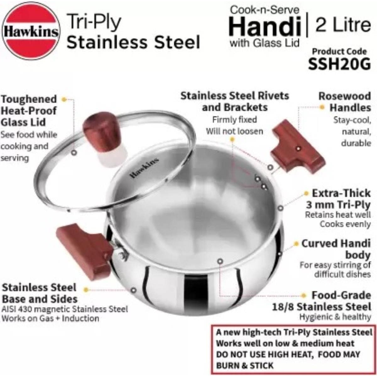 Hawkins Tri-ply Stainless Steel Handi 2 Litre With Glass Lid (SSH20G)