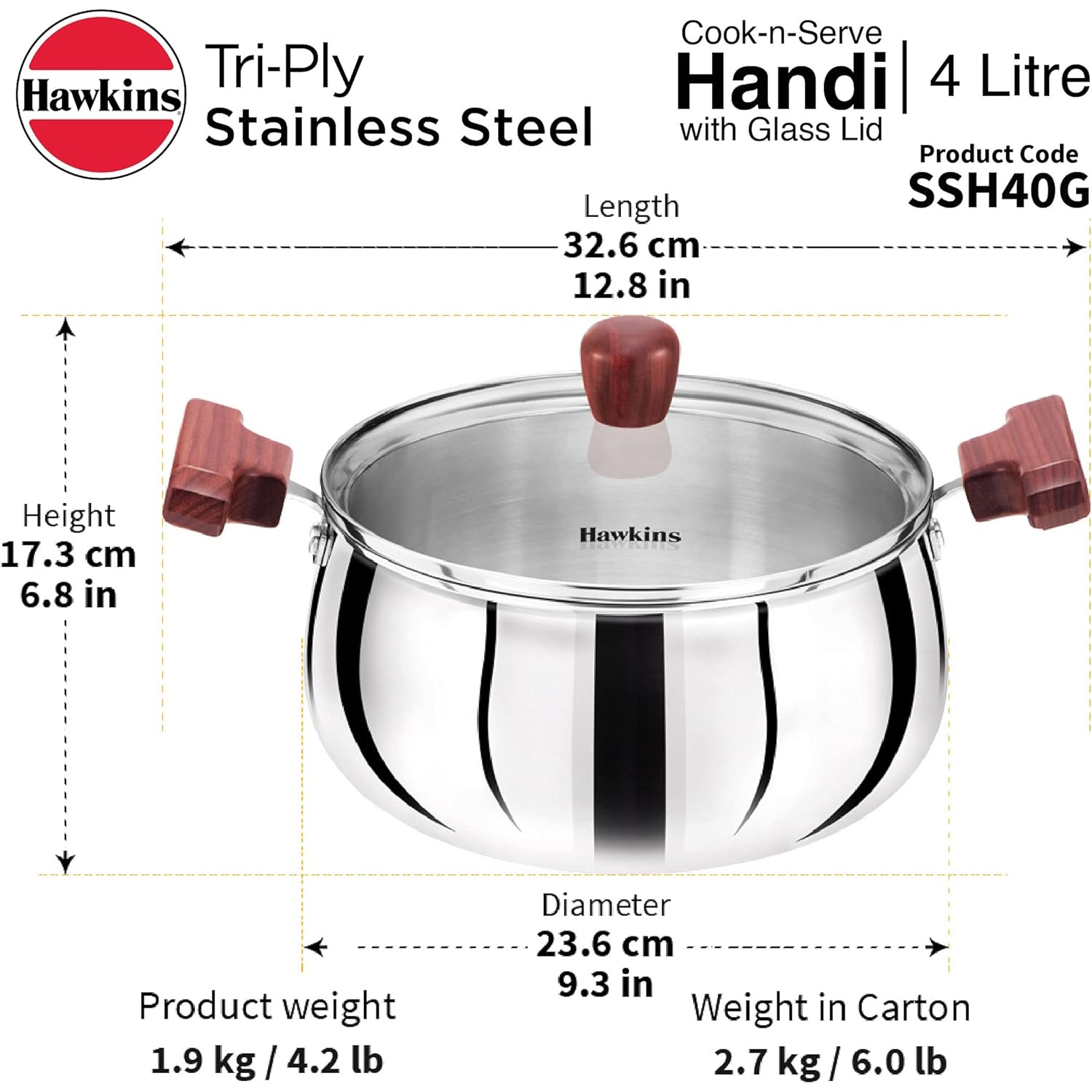 Hawkins Tri-ply Stainless Steel Handi 4 Litre With Glass Lid (SSH40G)
