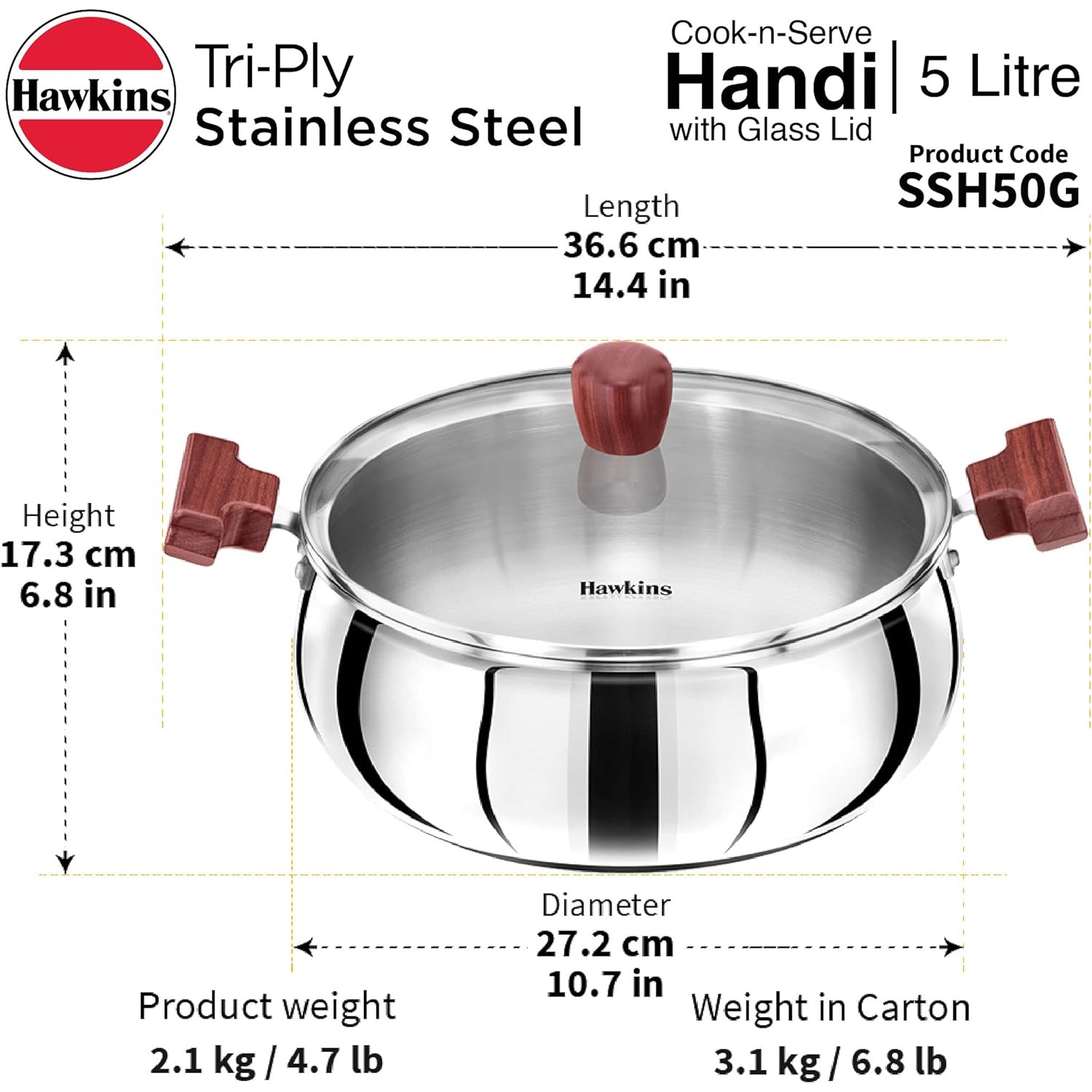 Hawkins Tri-ply Stainless Steel Handi 5 Litre With Glass Lid (SSH50G)