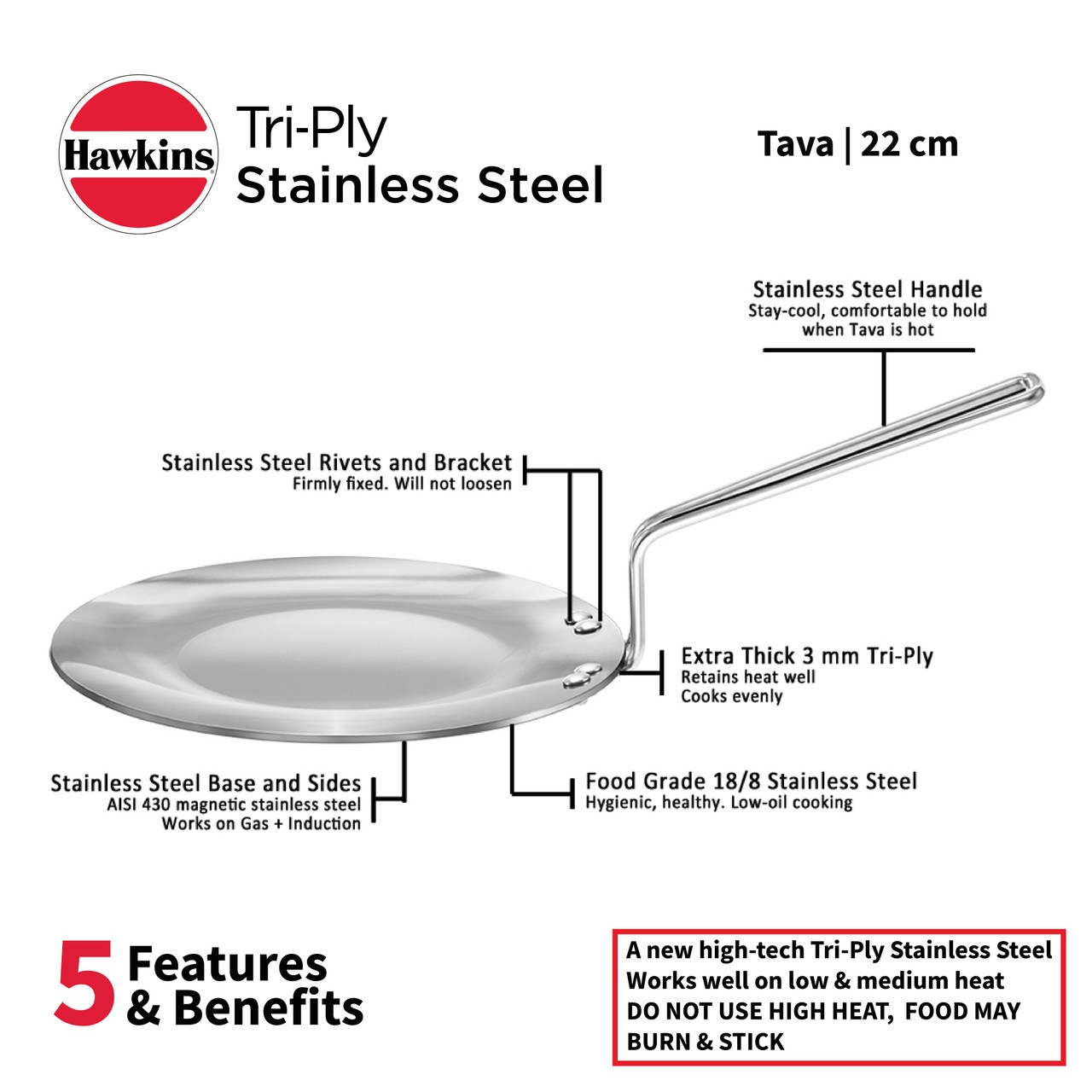 Hawkins Tri-Ply Stainless Steel Tava, 22 cm SSTV22-3