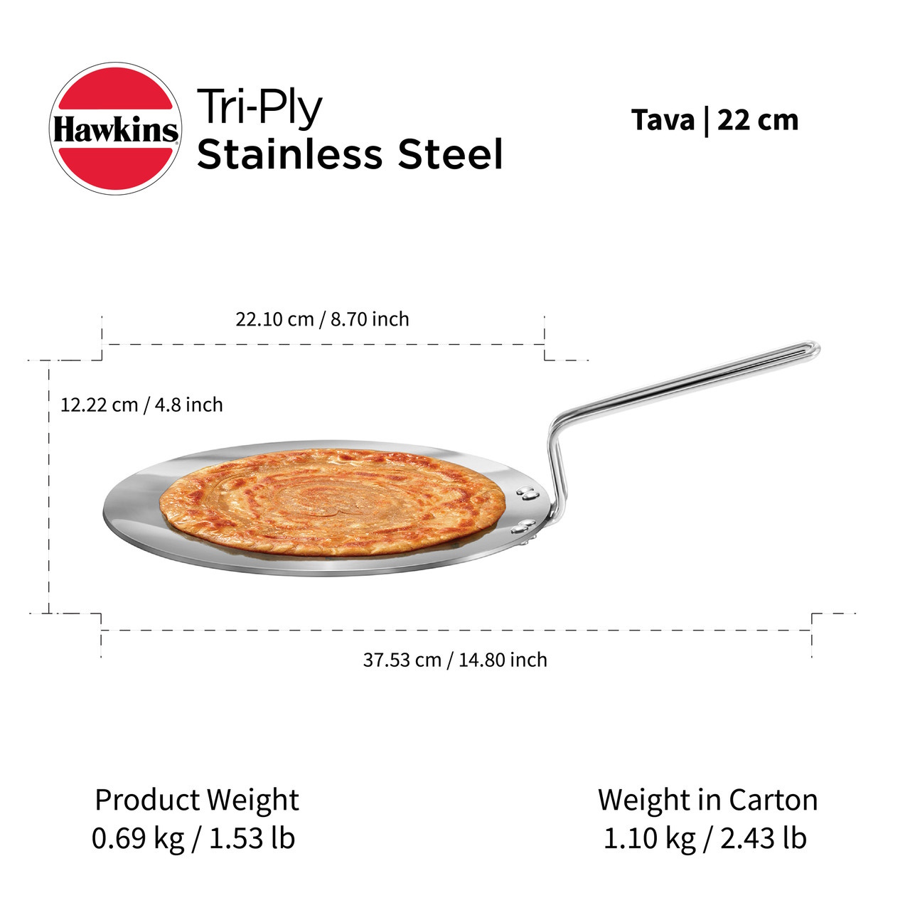 Hawkins Tri-Ply Stainless Steel Tava, 22 cm SSTV22-4