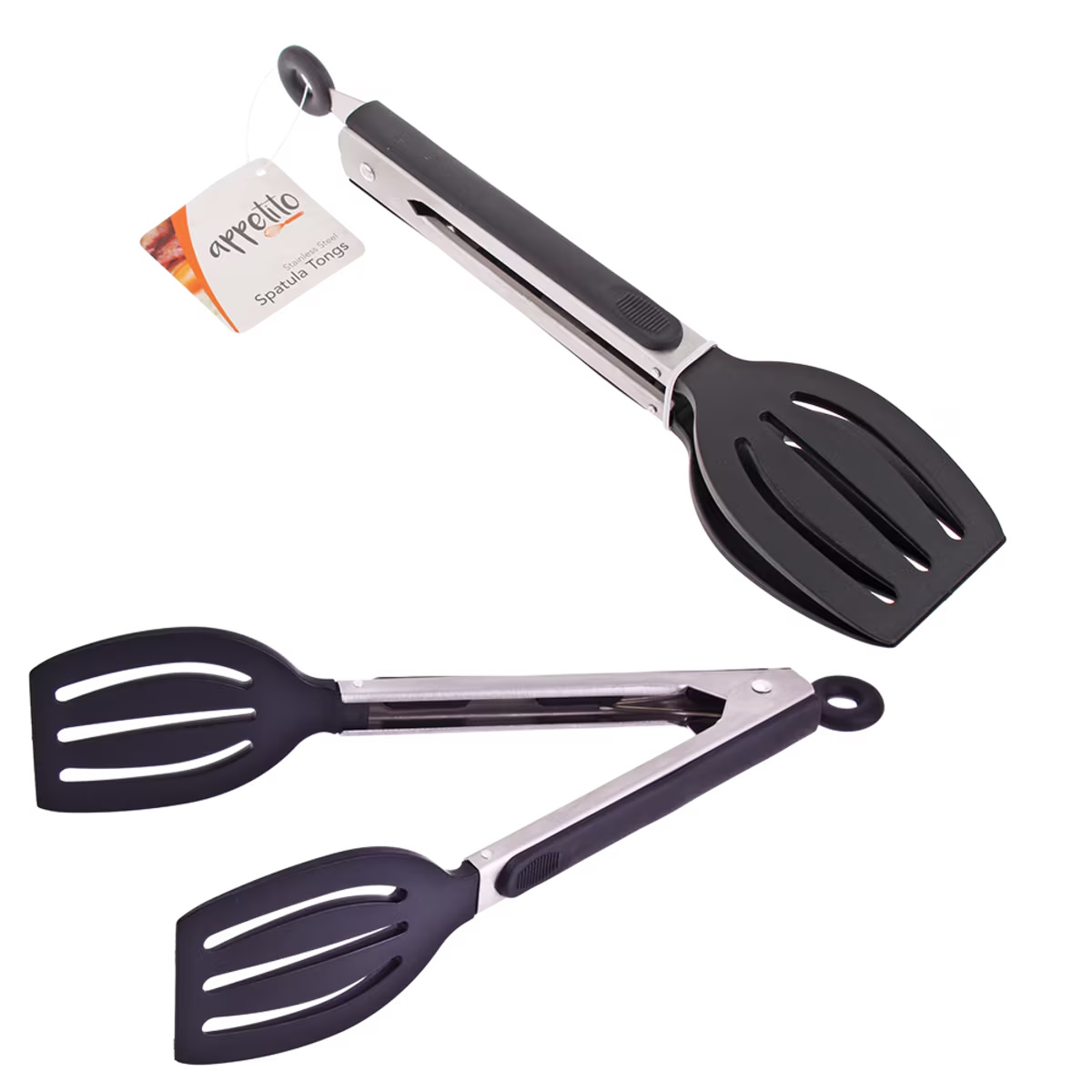 Appetito Stainless Steel Spatula Tongs W/ Lock & Rubber Grip 23cm - Black