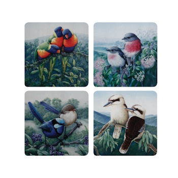 MW Birds of Australia KC 10yr Anniversary Cork Back Coaster 10.5cm Set of 4 Assorted Gift Boxed