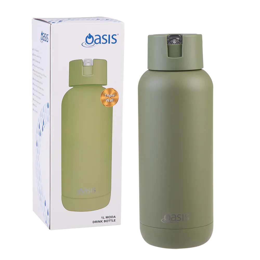 Oasis Moda Ceramic Lined Stainless Steel Triple Wall Insulated Drink Bottle 1l - Olive Green-1